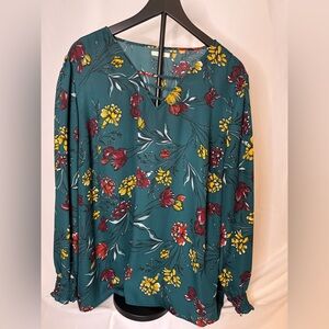Maurices Teal Floral Blouse with Red and Yellow Accents